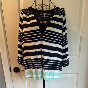 Crown and Ivy V-neck three-quarter sleeve, navy white and aqua striped blouse